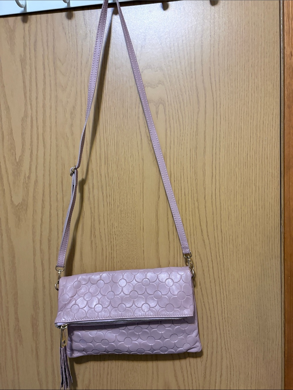 Women's Light Pink Crossbody Bag with Embossed Circle Pattern
